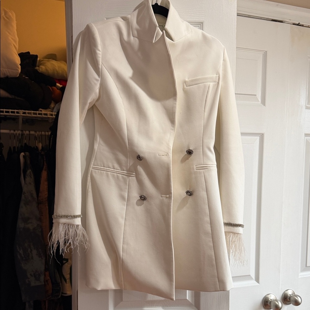 Women's White Double-Breasted Blazer with Feather Cuff Detail